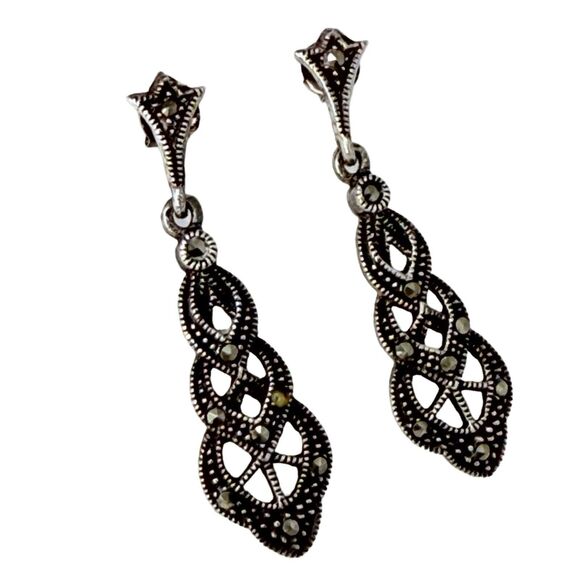 925 Sterling Silver Marcasite Dangle Earrings 1 3/8" Tiered Art Deco Sparkle - Picture 1 of 10